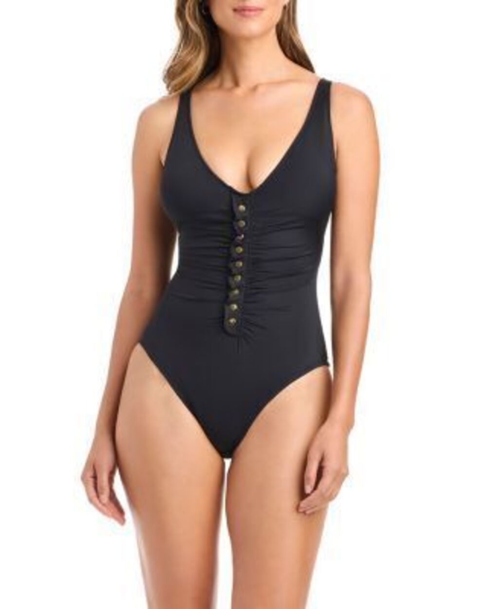 Bleu Rod Beattie Womne's Black Ruffled Snap Down One Piece Swimsuit 14 NWT